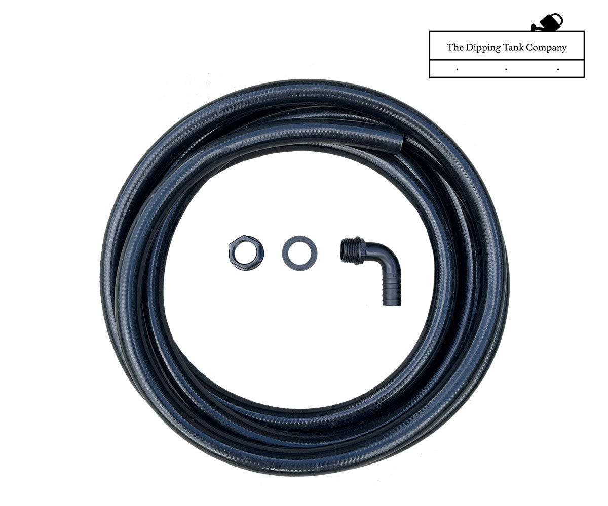 Overflow kit parts for dipping tank - elbow, back nut, washer and hose